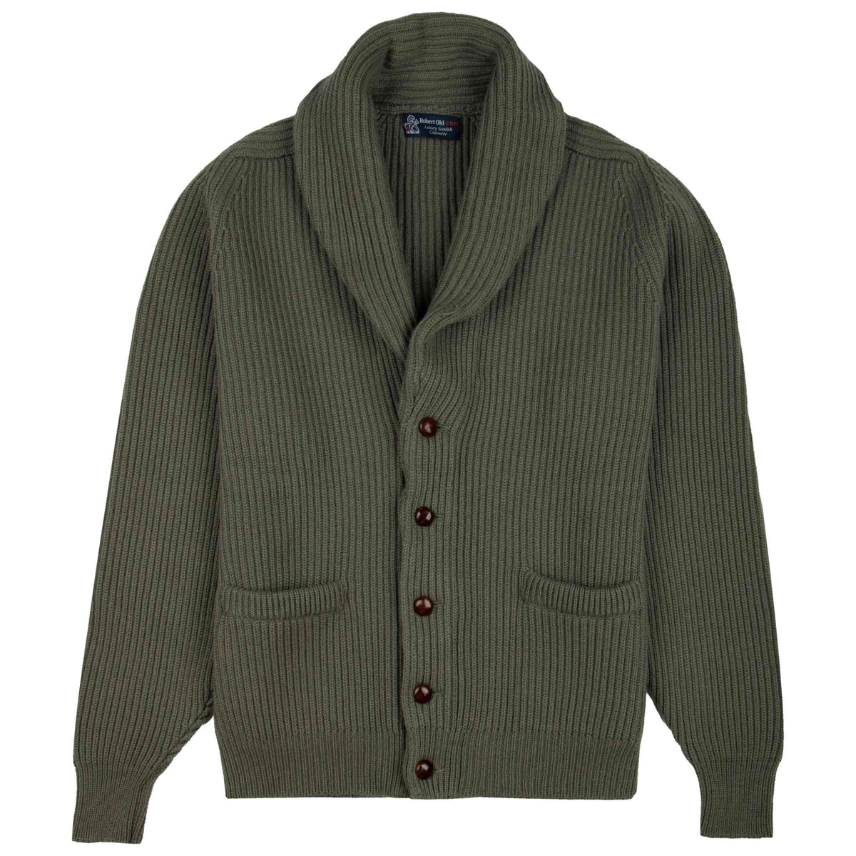 Volcanic Ash Green Colonial 8ply Cashmere Shawl Cardigan CASHMERE Robert Old