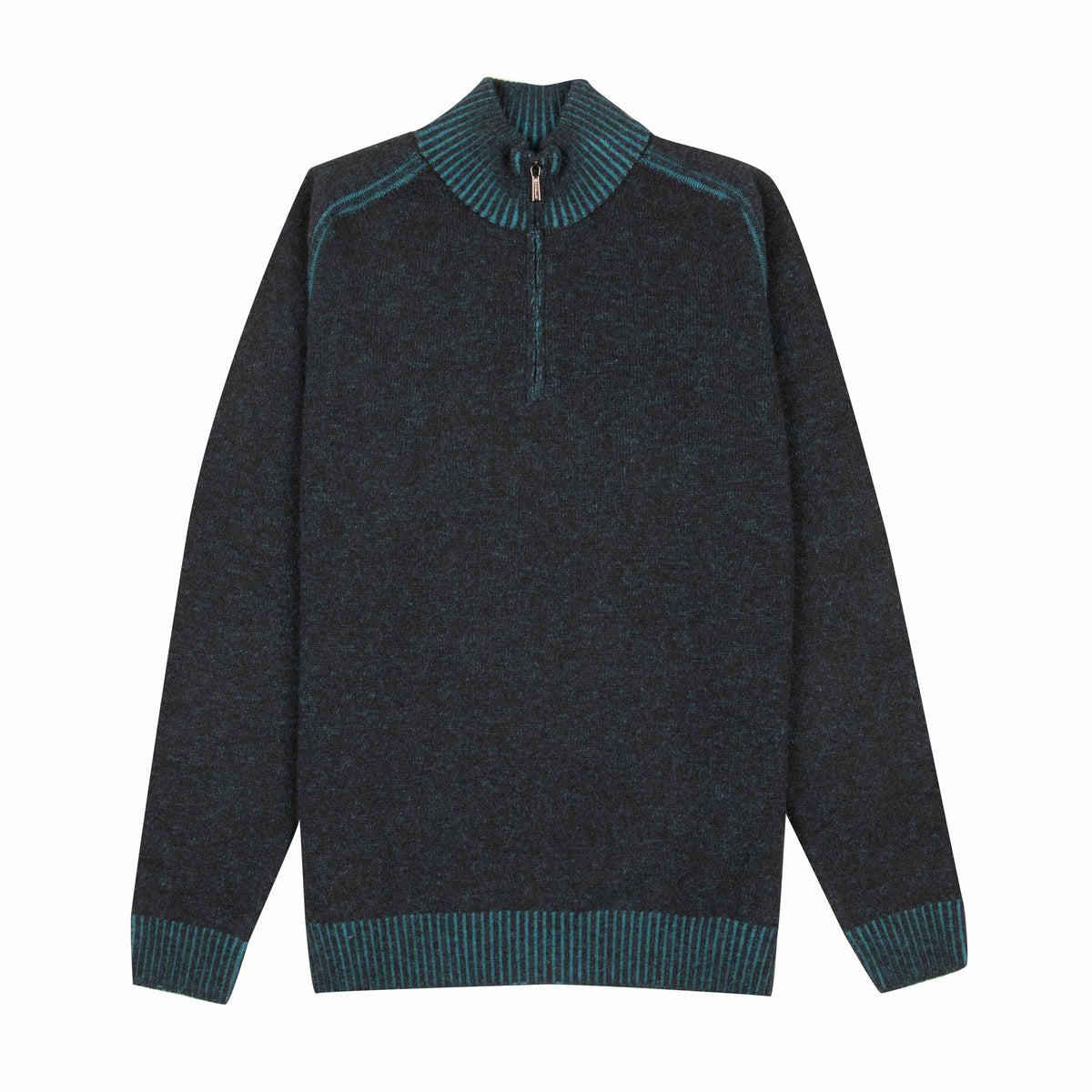 Moorer - Teal & Nero Black ‘Fedro’ Knit Zip Neck Virgin Wool Sweater KNITWEAR MooRER