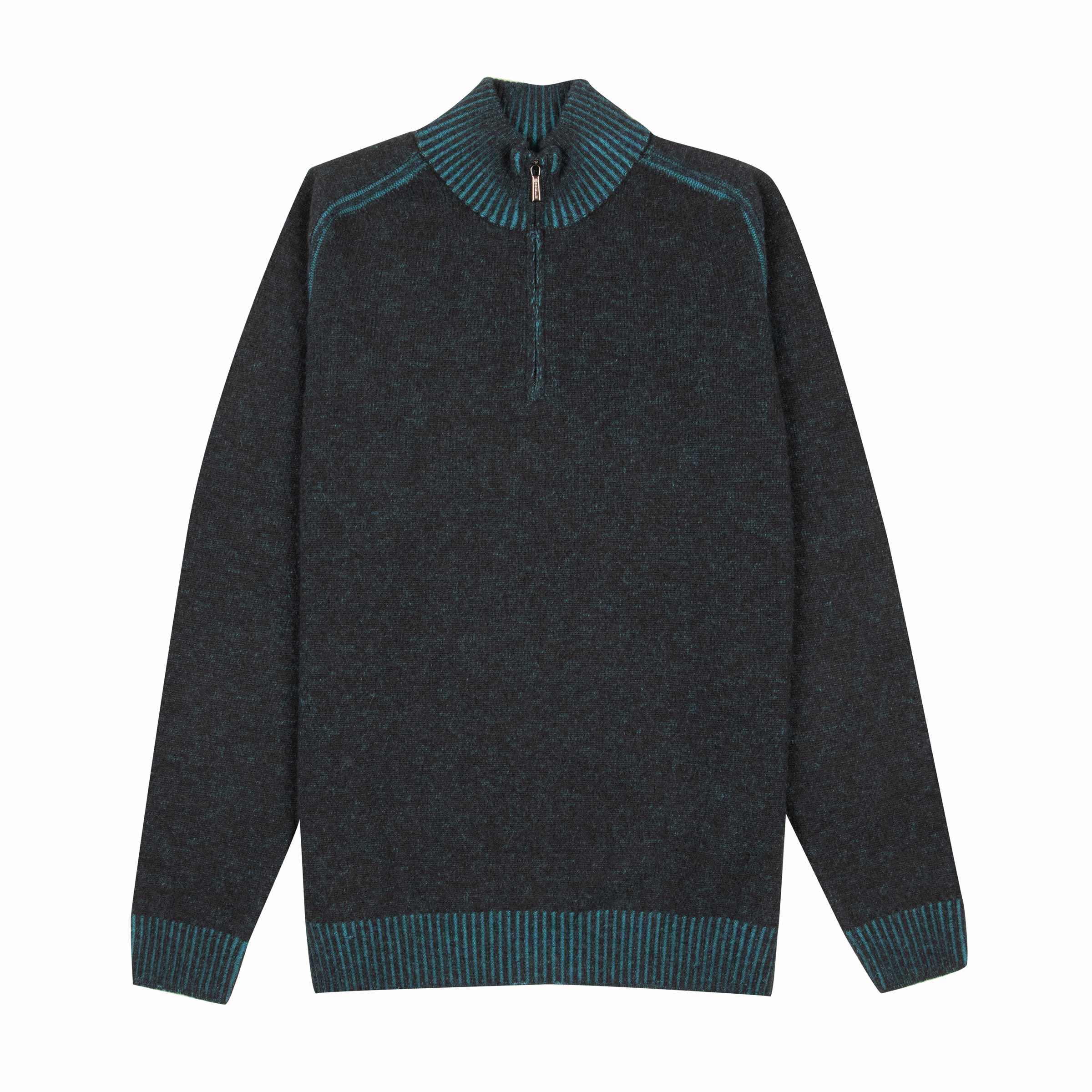 Moorer - Teal & Nero Black ‘Fedro’ Knit Zip Neck Virgin Wool Sweater KNITWEAR MooRER