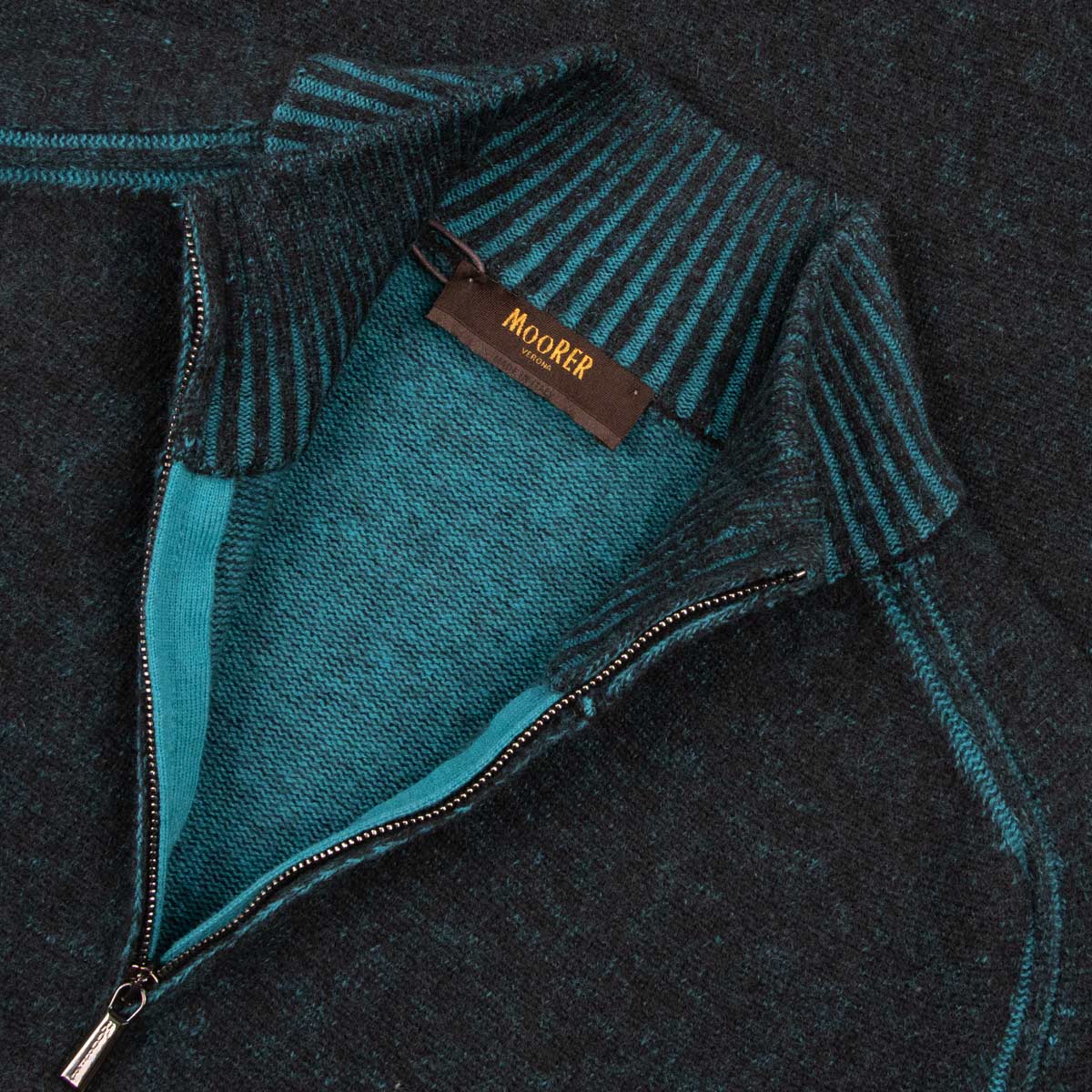 Moorer - Teal & Nero Black ‘Fedro’ Knit Zip Neck Virgin Wool Sweater KNITWEAR MooRER