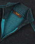 Moorer - Teal & Nero Black ‘Fedro’ Knit Zip Neck Virgin Wool Sweater KNITWEAR MooRER