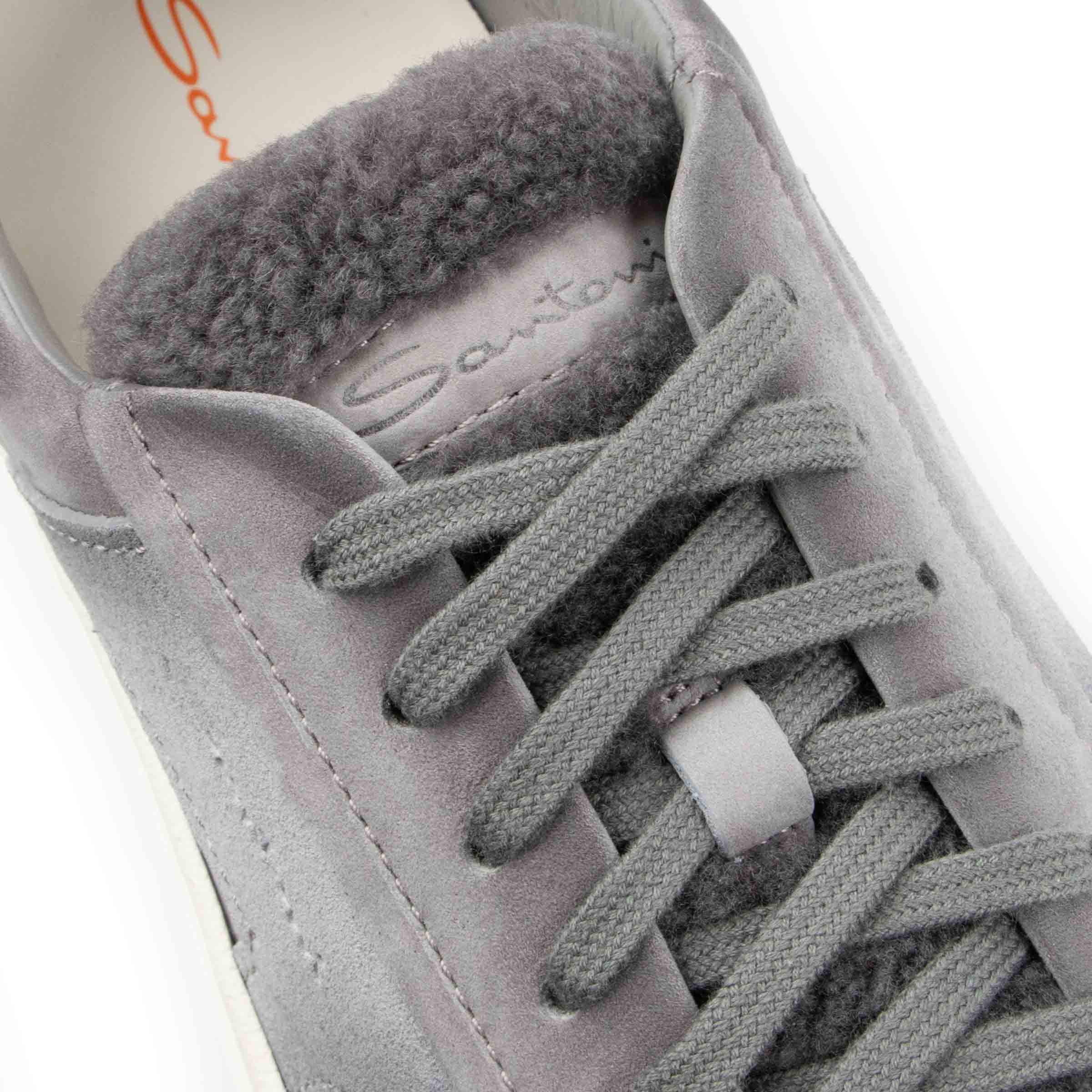 Santoni - Grey Suede Fur-lined Double Buckle Sneaker