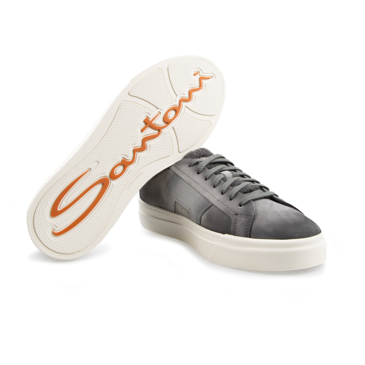 Santoni - Grey Suede Fur-lined Double Buckle Sneaker SHOES Santoni