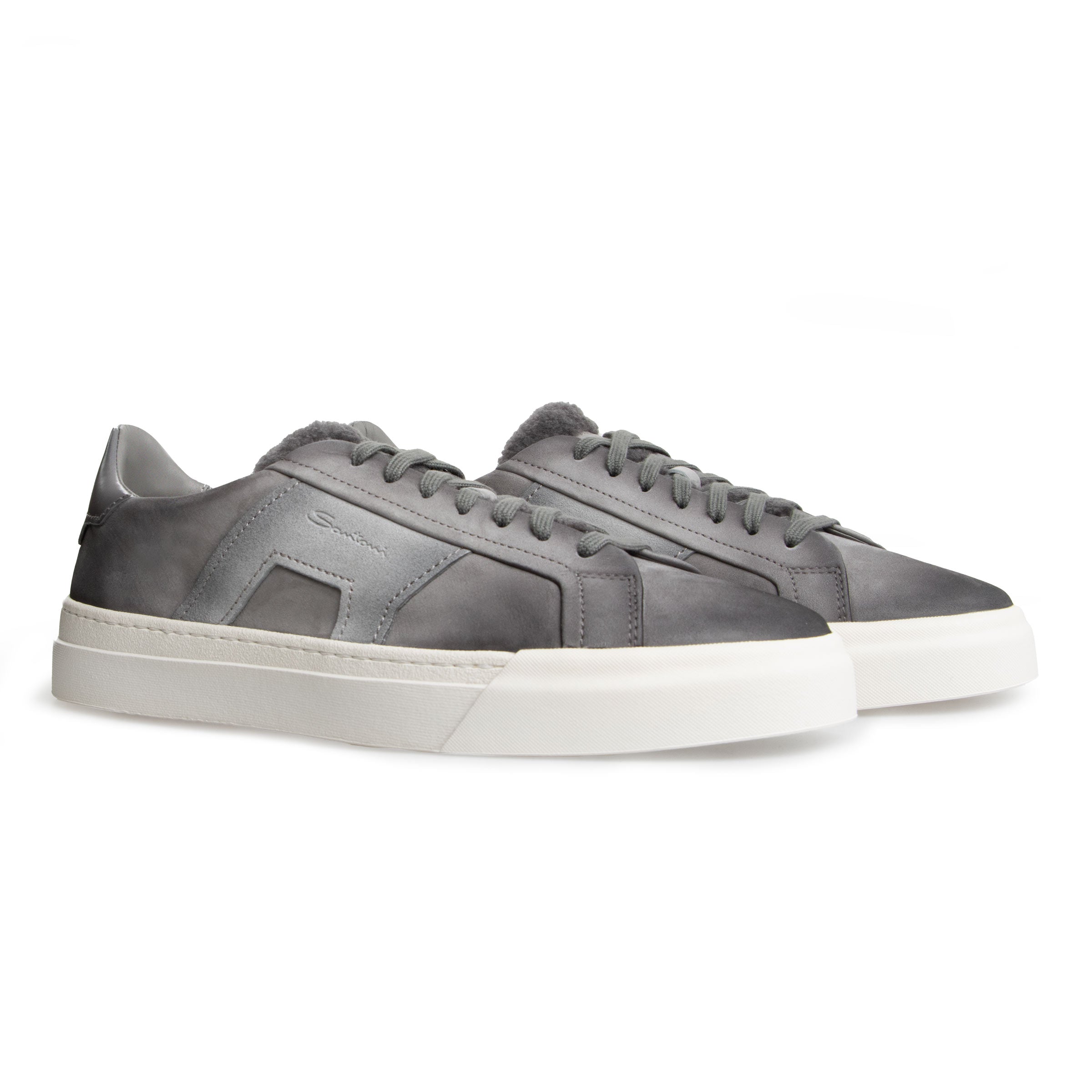 Santoni - Grey Suede Fur-lined Double Buckle Sneaker SHOES Santoni