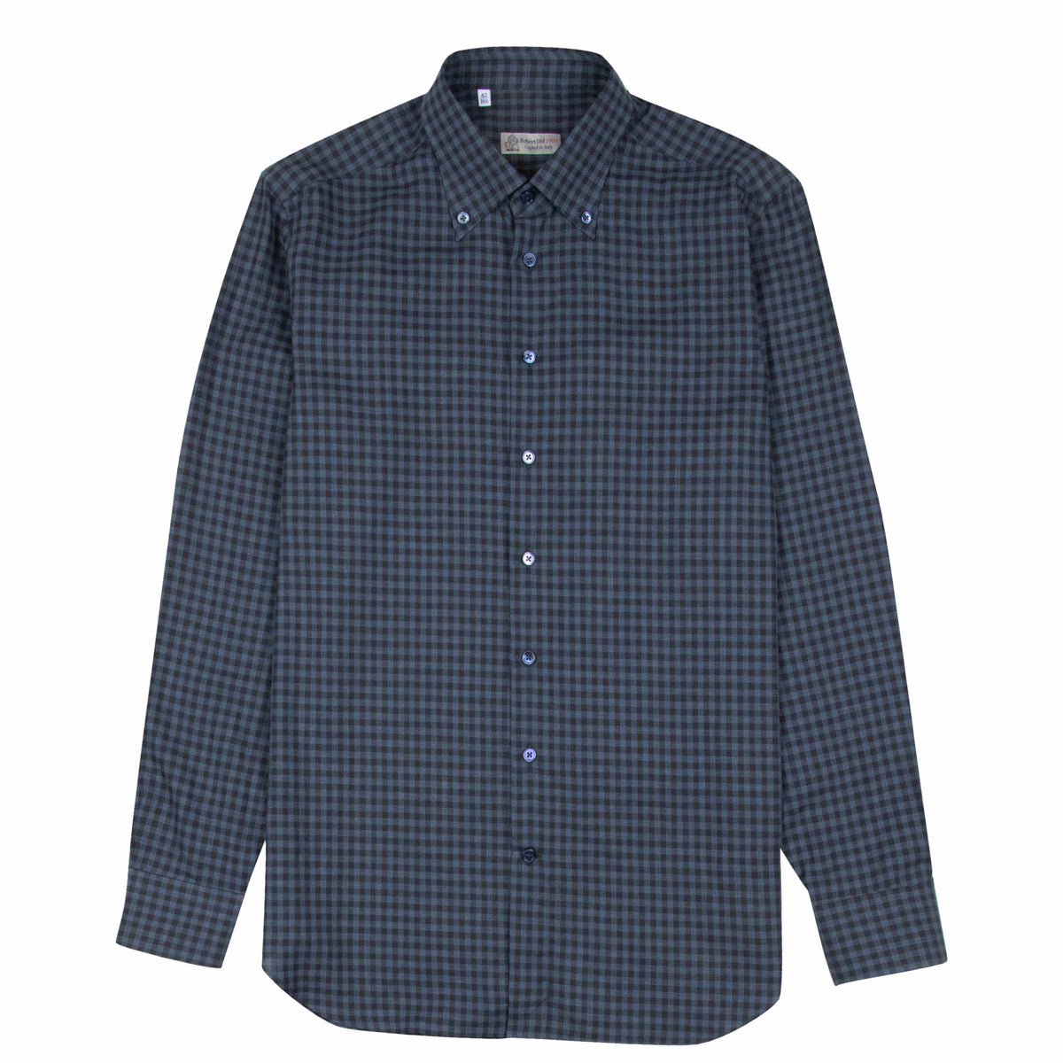 Navy &amp; Black Check Italian Cotton Long Sleeve Shirt L/S SHIRTS Robert Old