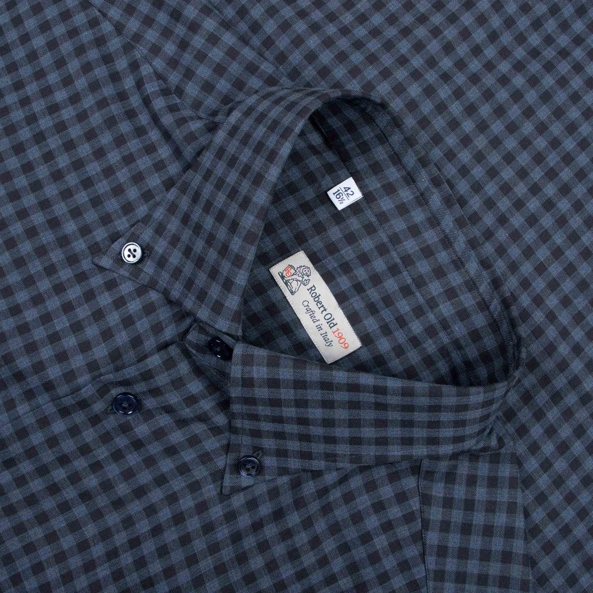 Navy &amp; Black Check Italian Cotton Long Sleeve Shirt L/S SHIRTS Robert Old