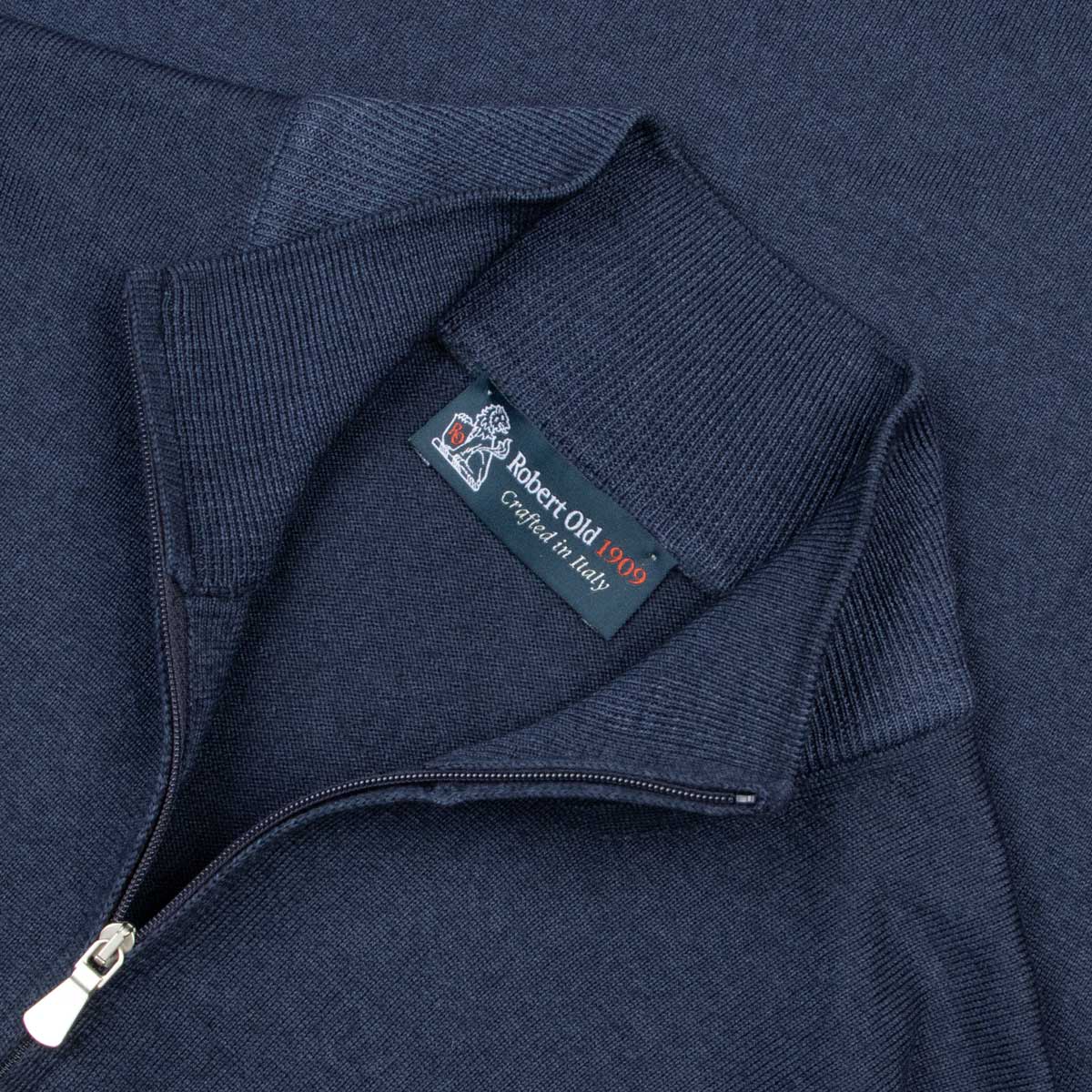 Robert Old - Navy Blue 100% Virgin Wool Long Sleeve Zip Neck Sweater KNITWEAR Robert Old