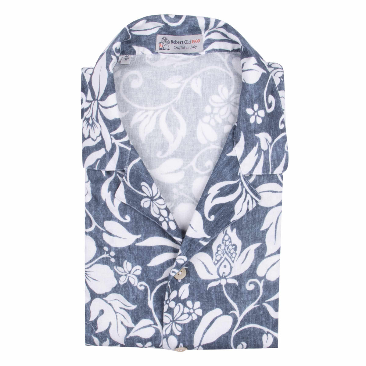 Navy Hawaiian Print Linen-Mix Resort Shirt S/S SHIRTS Robert Old