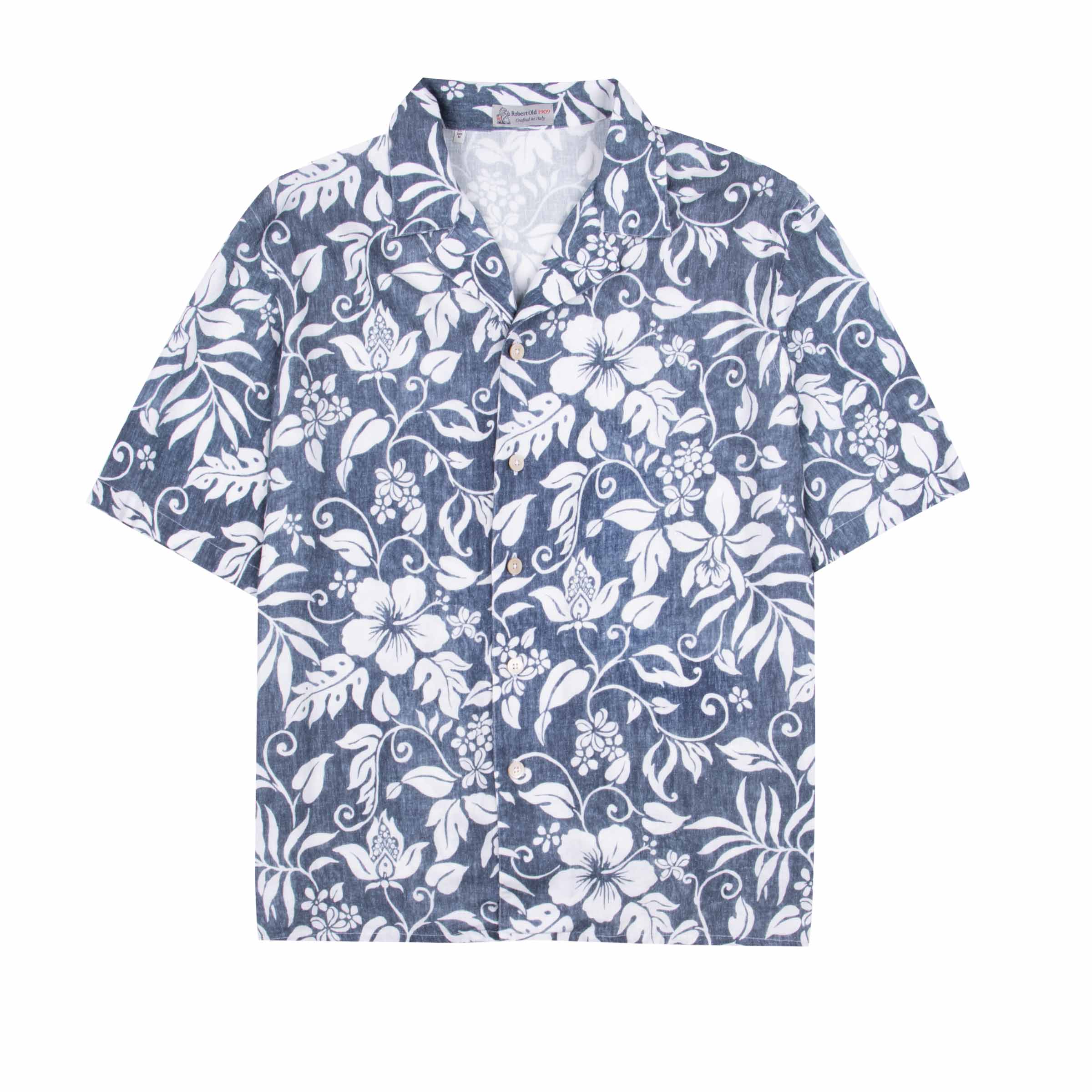 Navy Hawaiian Print Linen-Mix Resort Shirt S/S SHIRTS Robert Old