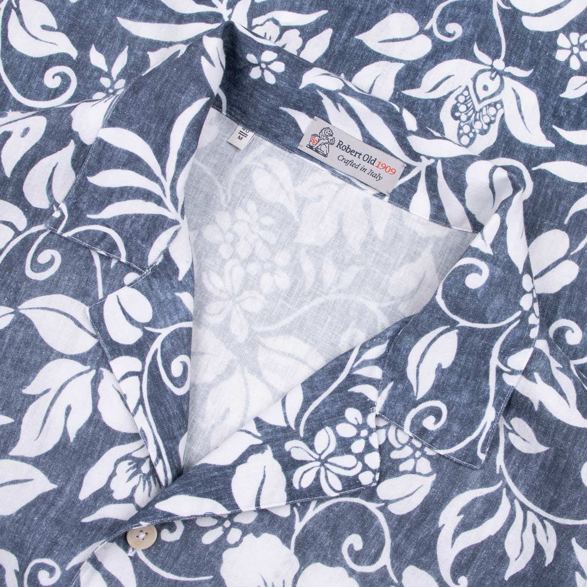 Navy Hawaiian Print Linen-Mix Resort Shirt S/S SHIRTS Robert Old