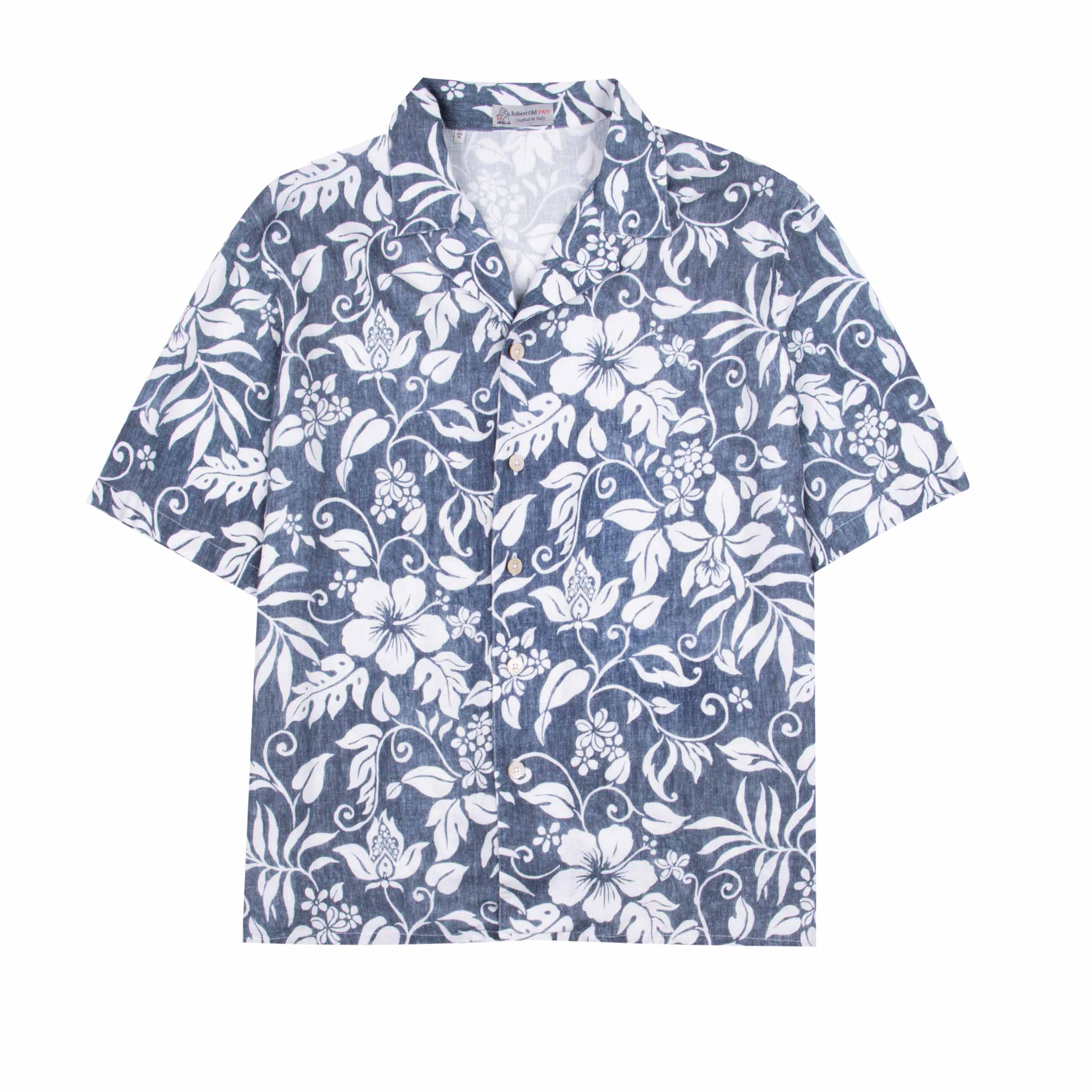 Navy Hawaiian Print Linen-Mix Resort Shirt S/S SHIRTS Robert Old