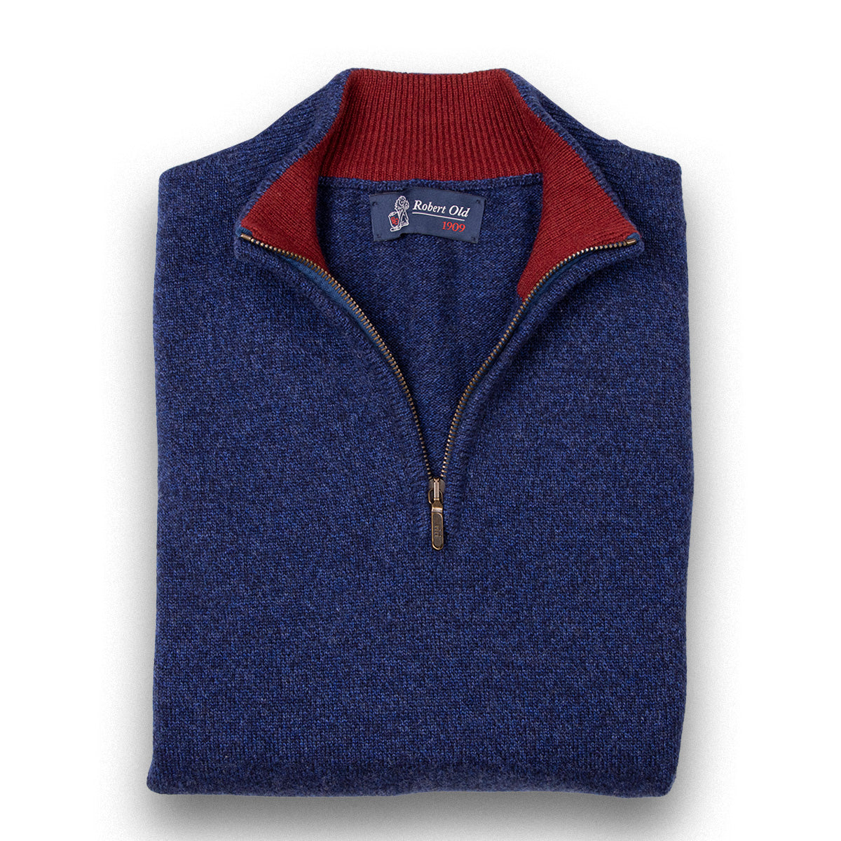 The Bowmore 1/4 Zip Neck Cashmere Sweater - Navy Marl / Russet CASHMERE Robert Old Navy Marl - Russet 48UK