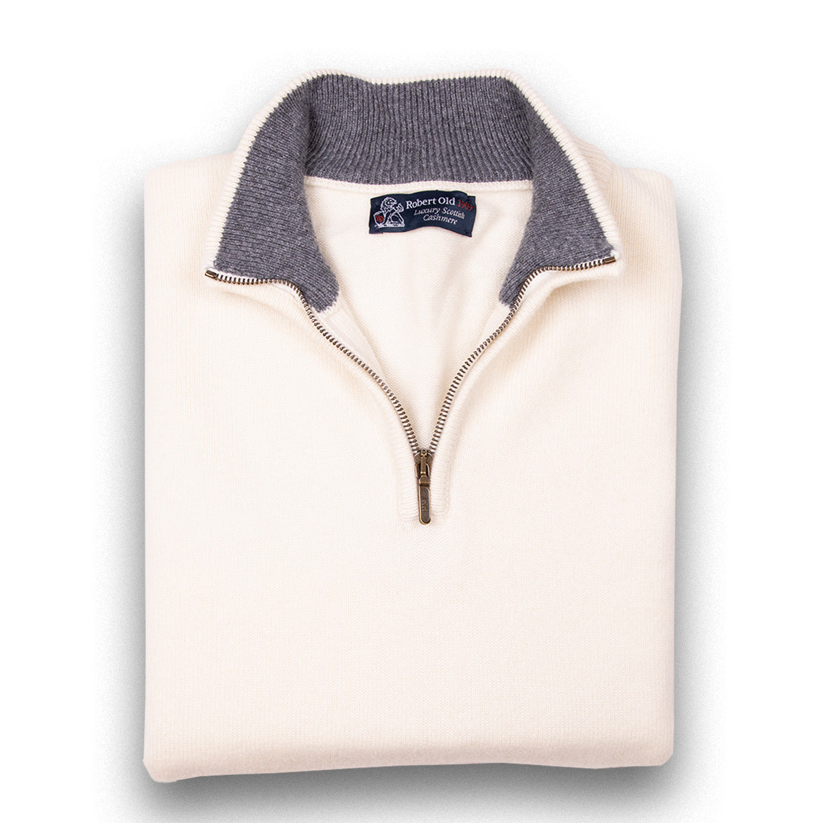 The Bowmore 1/4 Zip Neck Cashmere Sweater - White Undyed / Smog CASHMERE Robert Old White Undyed - Smog 36UK
