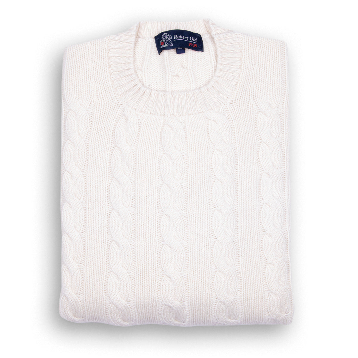 White Undyed Rothesay 4ply Cable Crew Cashmere Sweater CASHMERE Robert Old White Undyed 38UK