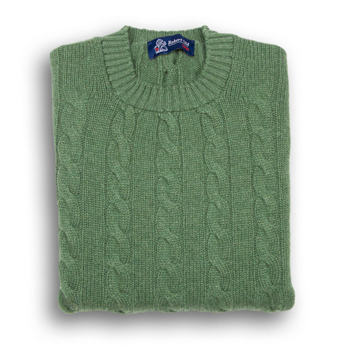 Serpentine Green Rothesay 4ply Cable Crew Cashmere Sweater CASHMERE Robert Old