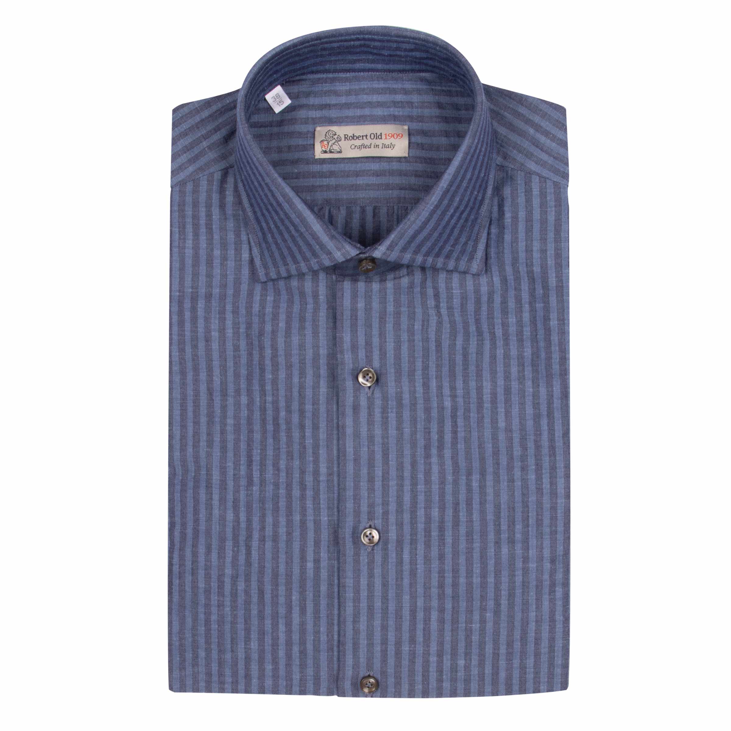 Navy Striped Seersucker Italian Cotton & Linen Shirt S/S SHIRTS Robert Old