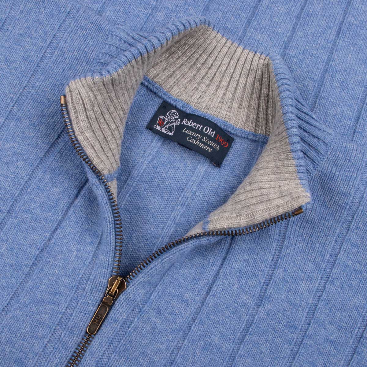 Robert Old - The Wellington Cashmere Ribbed Zip Neck Sweater - Azzuro/Brume CASHMERE Robert Old