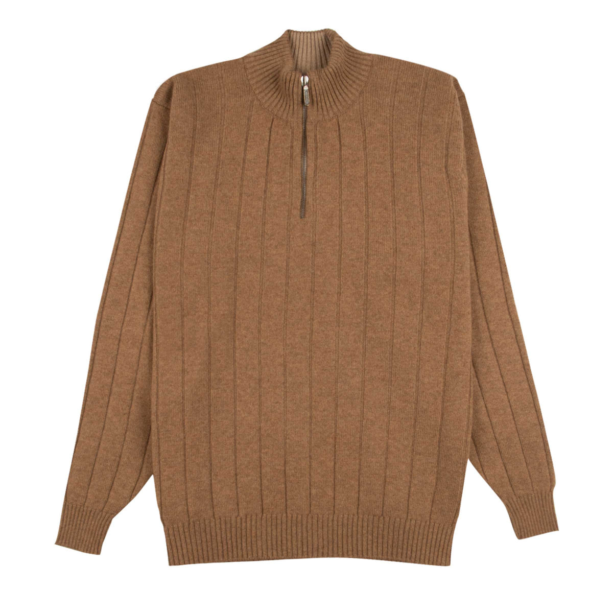 The Wellington Cashmere Ribbed Zip Neck Sweater - Caramel / Llama CASHMERE Robert Old