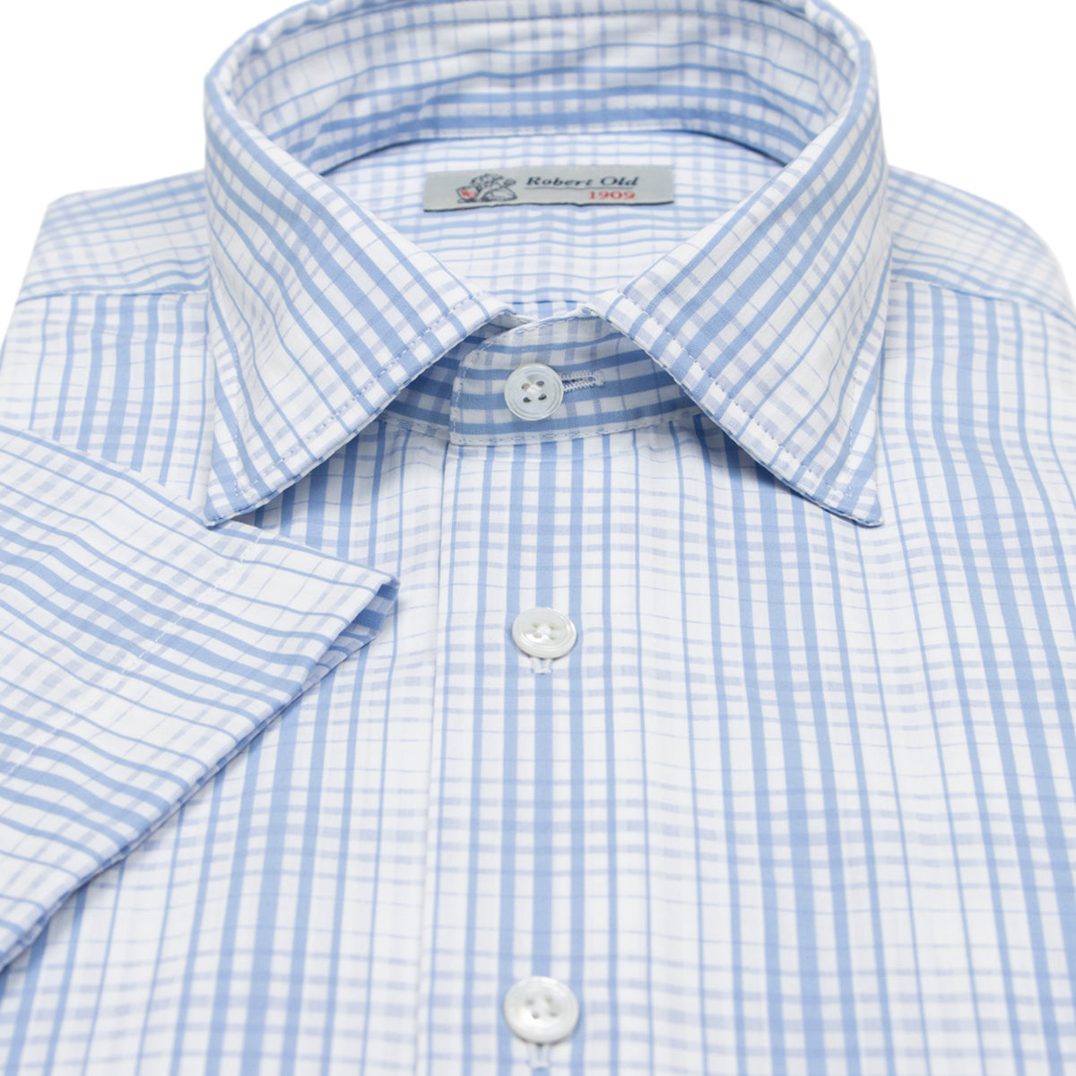 Light Blue Check Swiss Cotton Short Sleeve Shirt S/S SHIRTS Robert Old