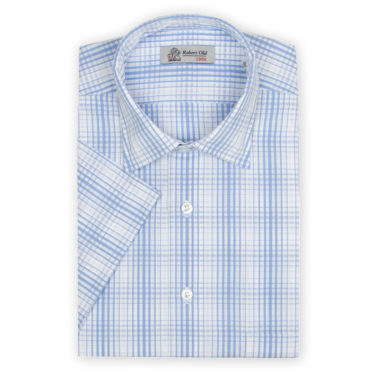 Light Blue Check Swiss Cotton Short Sleeve Shirt S/S SHIRTS Robert Old