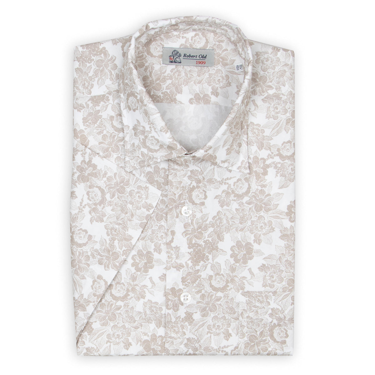 Beige Floral 100% Swiss Cotton Short Sleeve Shirt S/S SHIRTS Robert Old