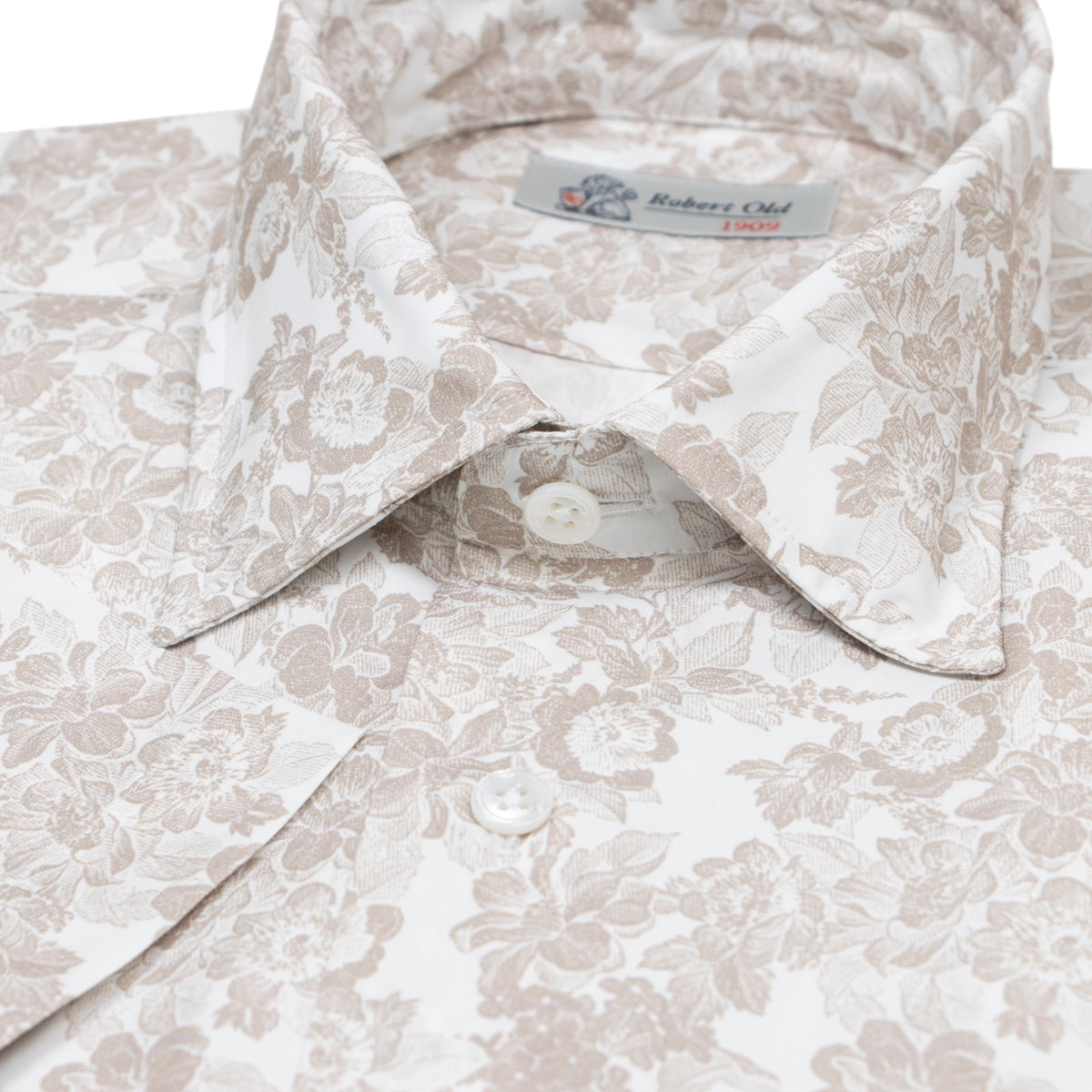 Beige Floral 100% Swiss Cotton Short Sleeve Shirt S/S SHIRTS Robert Old