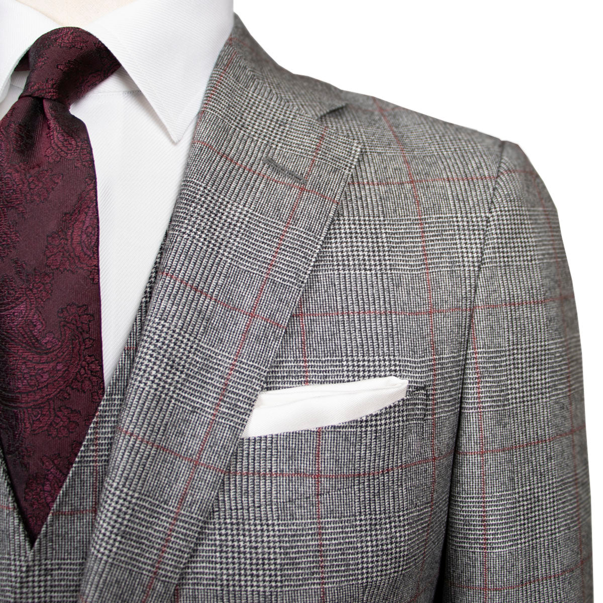 Grey &amp; Red Prince of Wales Check Three Piece Suit SUITS Robert Old