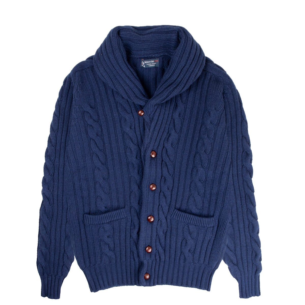 Inchiostro Blue Balmour 8Ply Shawl Collar Cable Cashmere Cardigan CASHMERE Robert Old Inchiostro 38UK