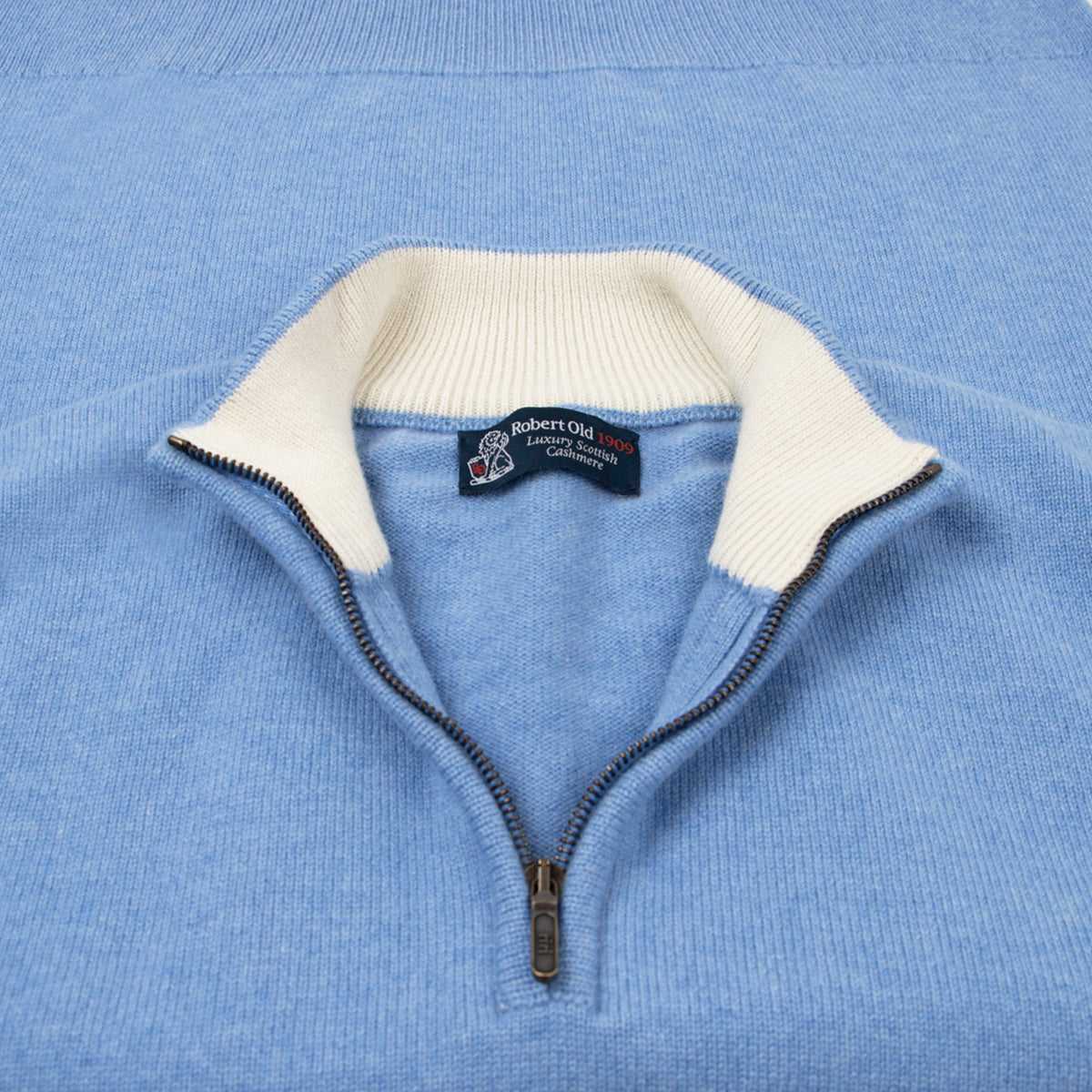 The Bowmore 1/4 Zip Neck Cashmere Sweater - Lapis Suez / White Undyed CASHMERE Robert Old