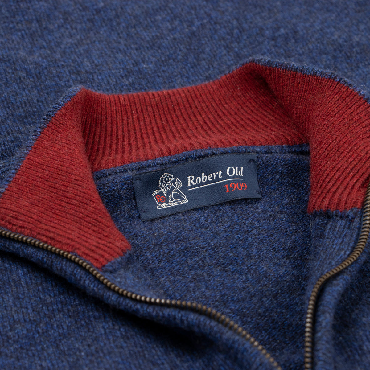 The Bowmore 1/4 Zip Neck Cashmere Sweater - Navy Marl / Russet CASHMERE Robert Old