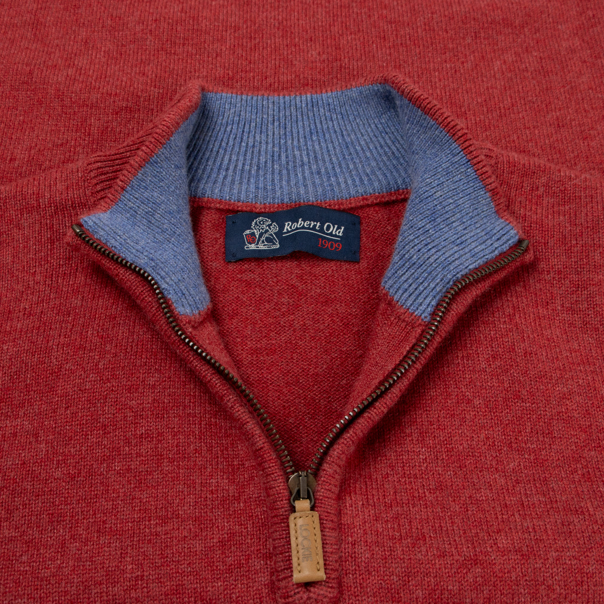 The Bowmore 1/4 Zip Neck Cashmere Sweater - Poppy / Lapis CASHMERE Robert Old