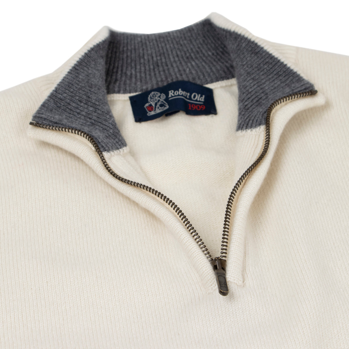 The Bowmore 1/4 Zip Neck Cashmere Sweater - White Undyed / Smog CASHMERE Robert Old
