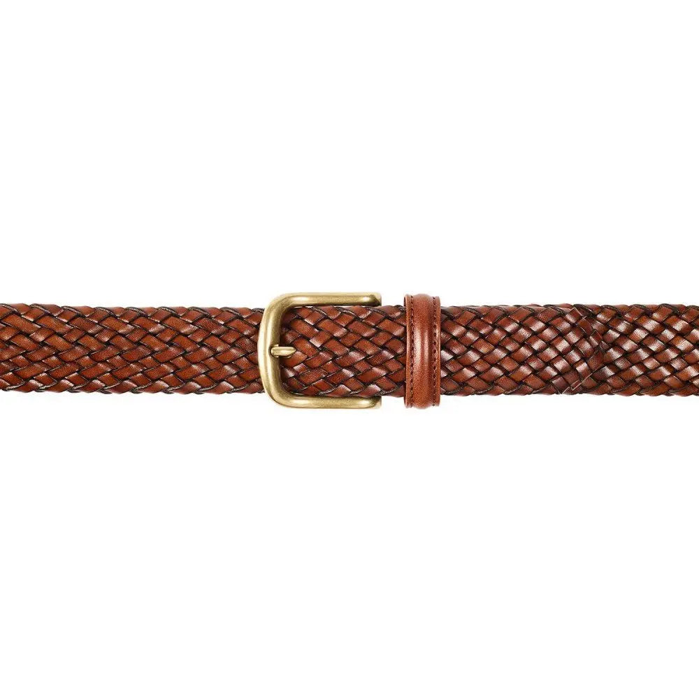 Crockett & Jones - Dark Brown Woven Calf Leather Belt with Antique Brass Buckle BELTS/BRACES Crockett & Jones