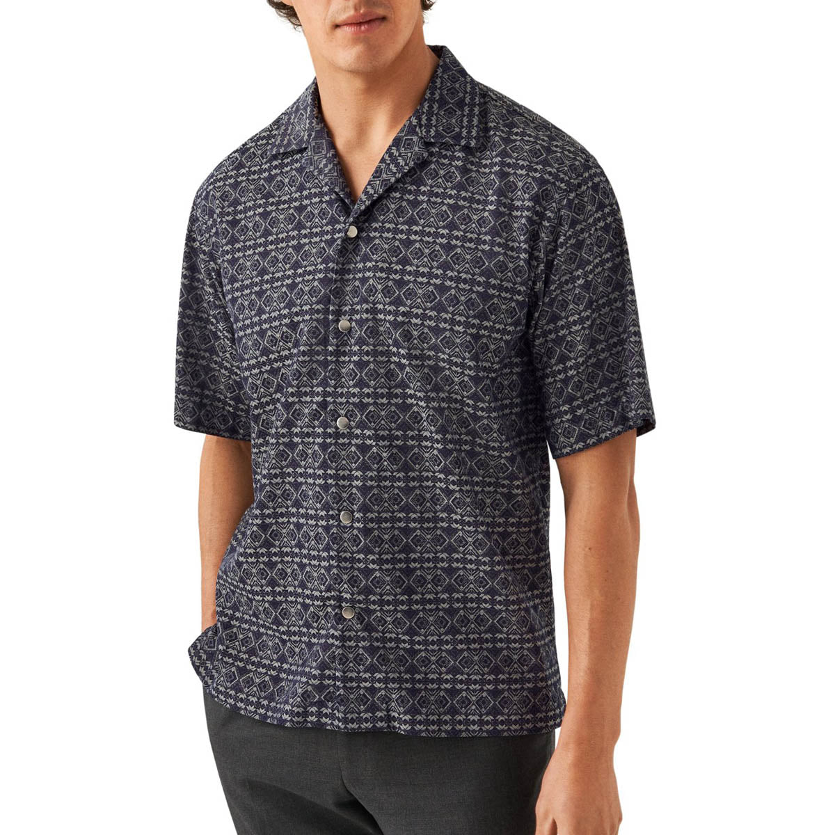 Navy Geometric Jacquard Denim Resort Shirt S/S SHIRTS Eton