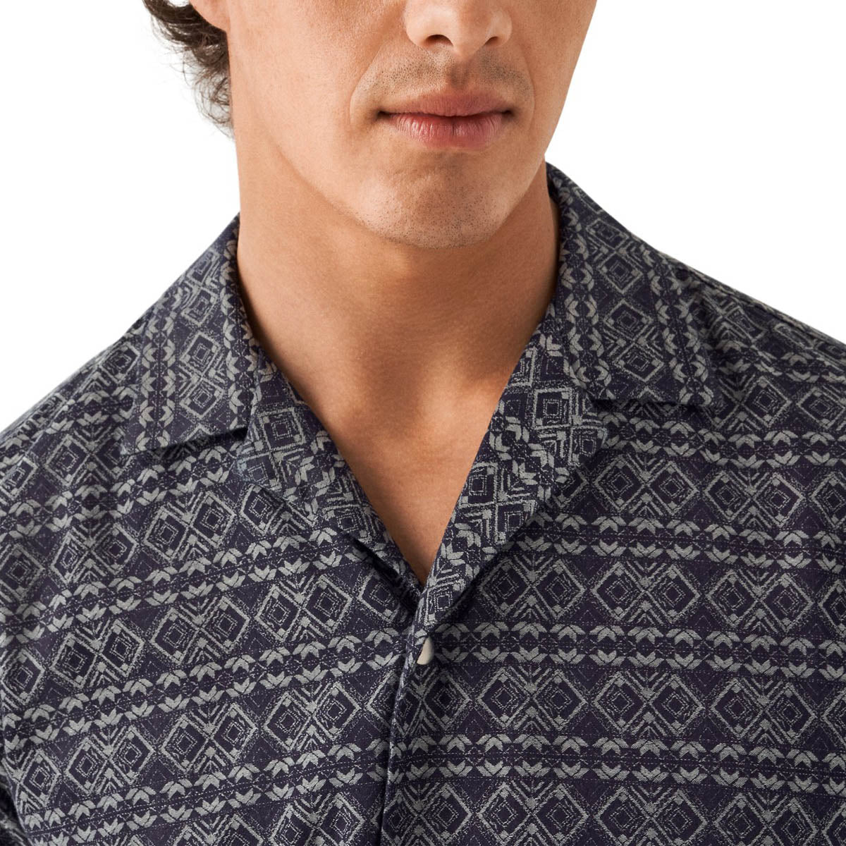 Navy Geometric Jacquard Denim Resort Shirt S/S SHIRTS Eton