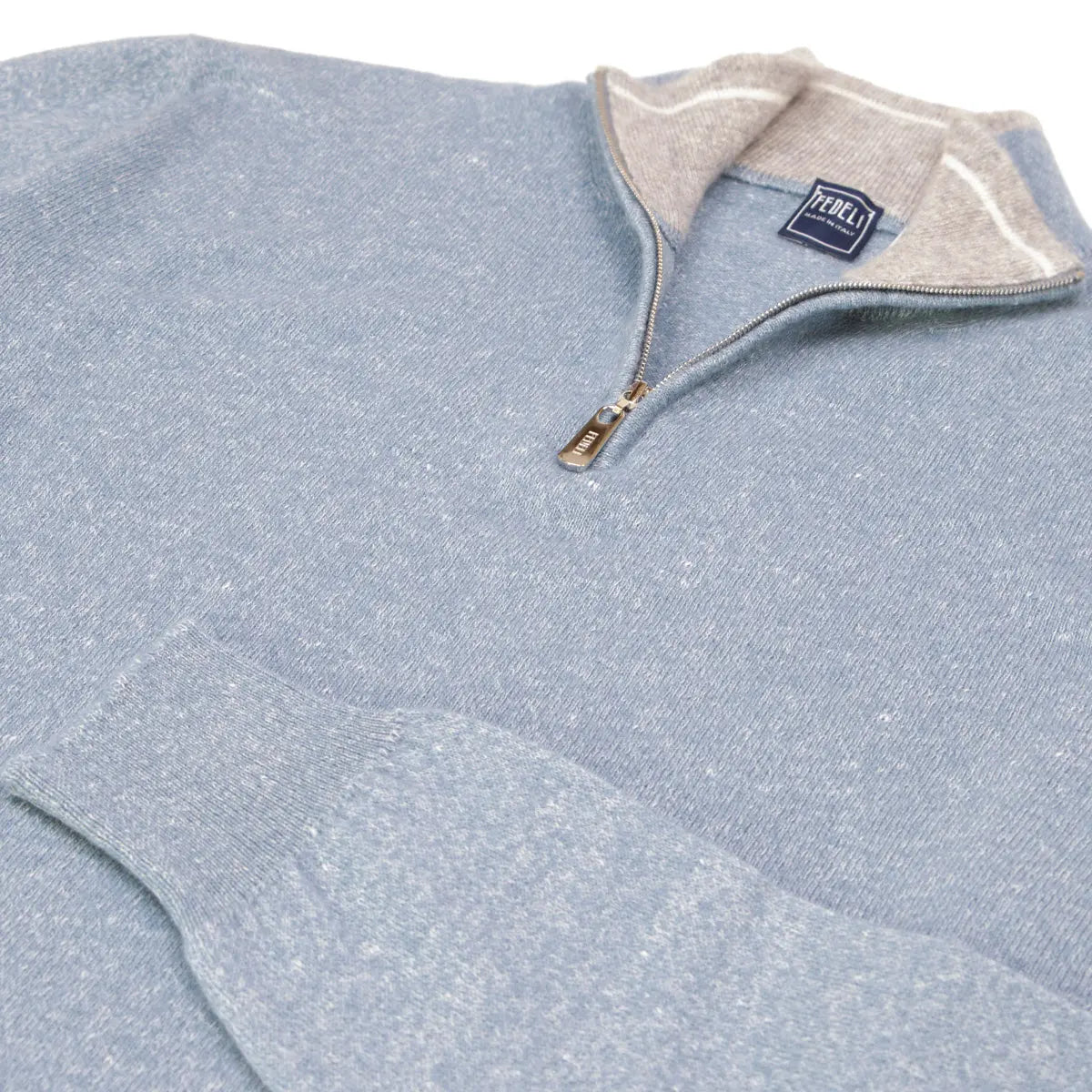 Fedeli - Blue Marl Cashmere & Linen Quarter Zip KNITWEAR FEDELI