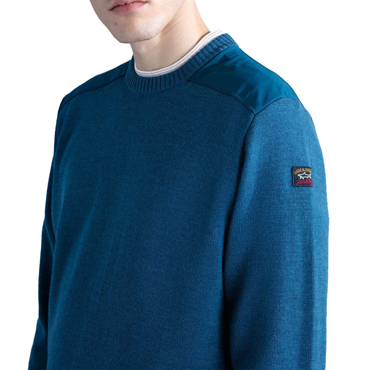 Aqua Wool Crew Neck with Typhoon Details KNITWEAR Paul & Shark