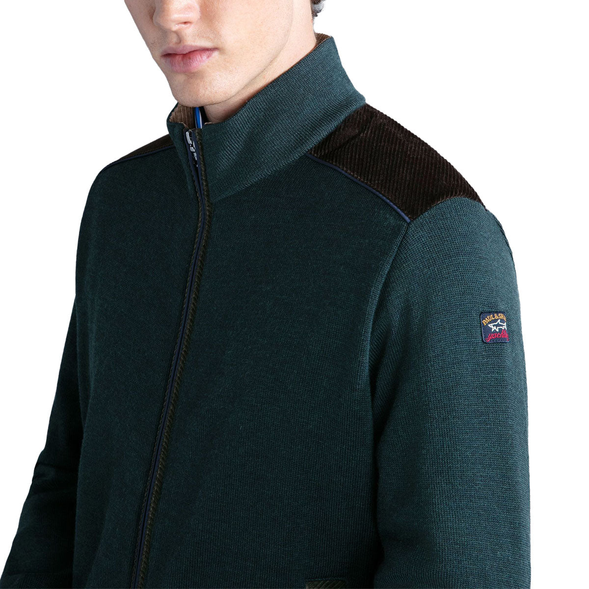 Paul Shark Green Wool Full Zip Velvet Detail Sweater Robert Old Co