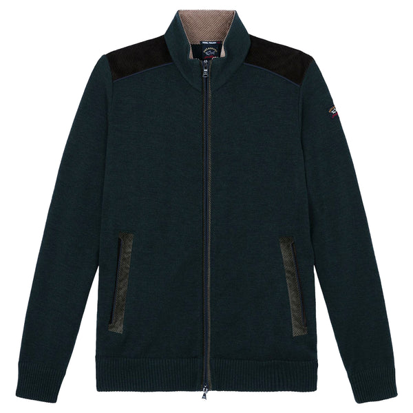 Paul Shark Green Wool Full Zip Velvet Detail Sweater Robert Old Co