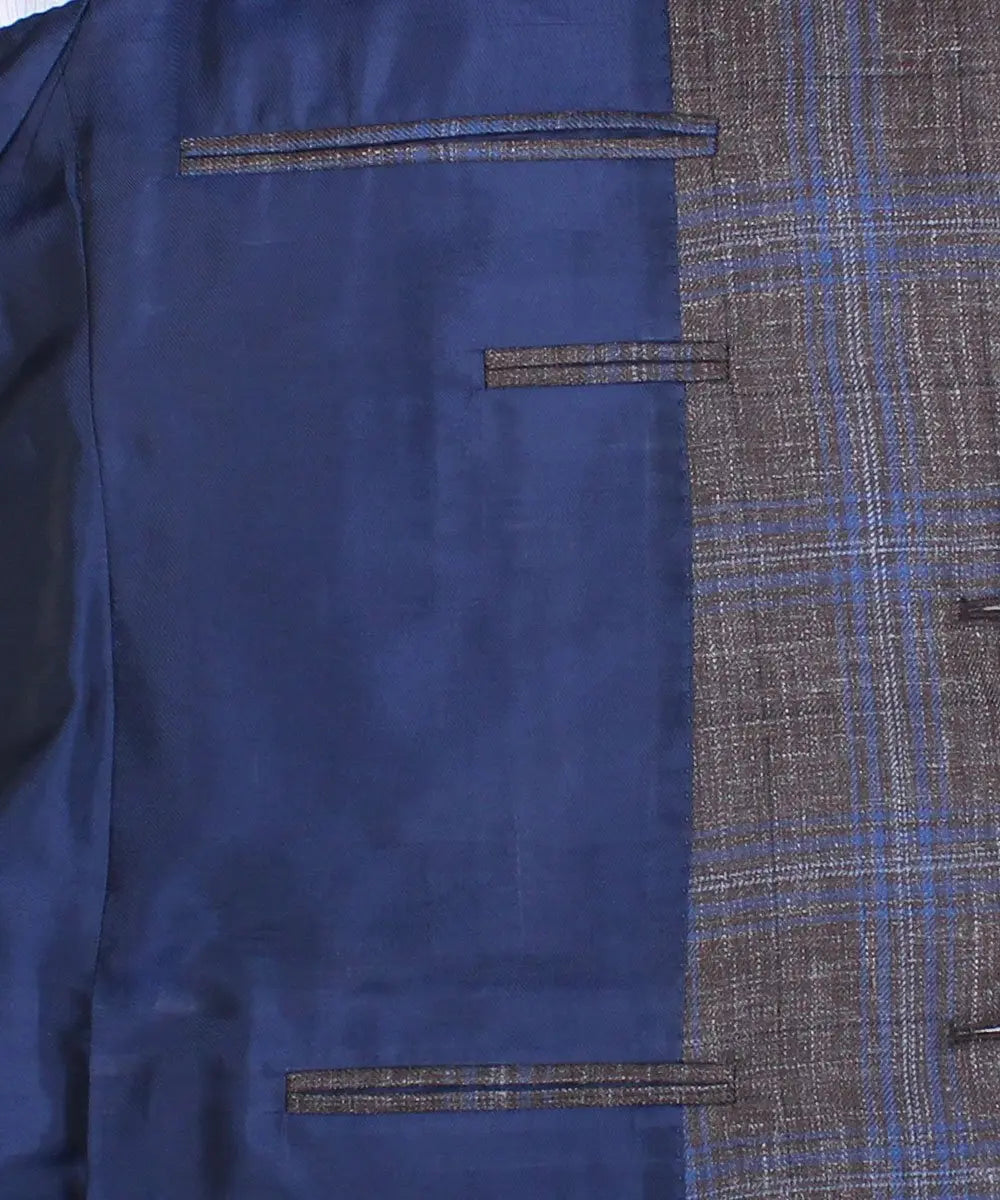 Brown & Blue Check Wool Linen Blend Blazer JACKETS Robert Old