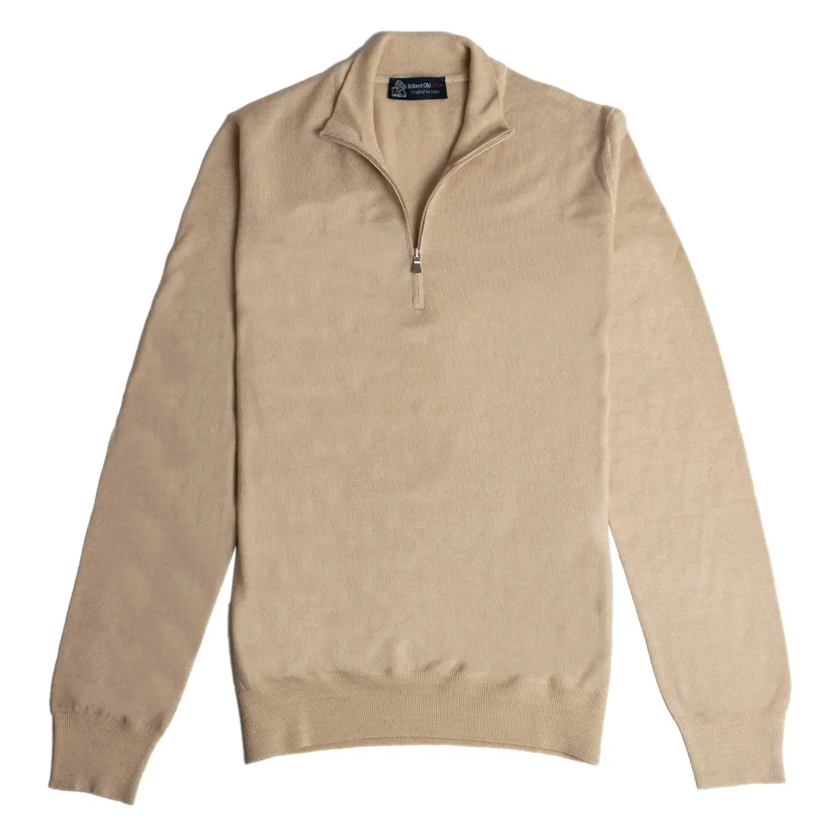 Beige Virgin Wool Fine Knit Quarter Zip Sweater KNITWEAR Robert Old