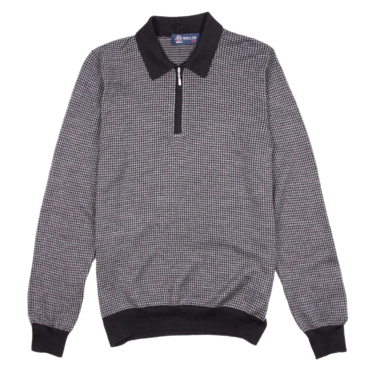 Grey Dogtooth Cashmere & Silk Zip-Neck Polo KNITWEAR Robert Old