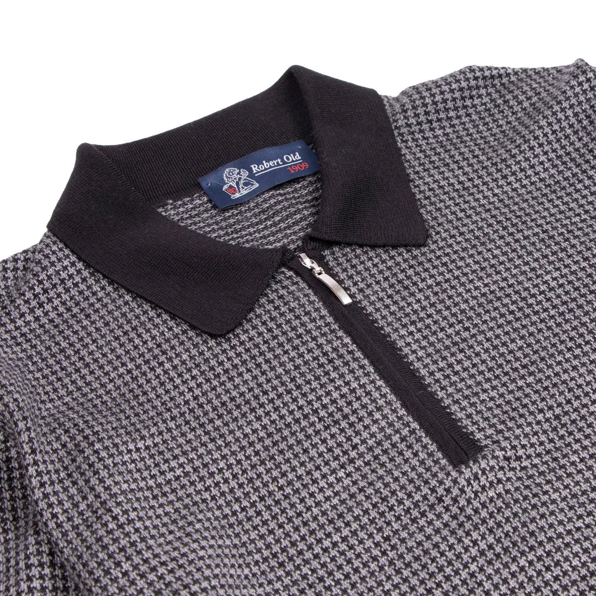 Grey Dogtooth Cashmere & Silk Zip-Neck Polo KNITWEAR Robert Old