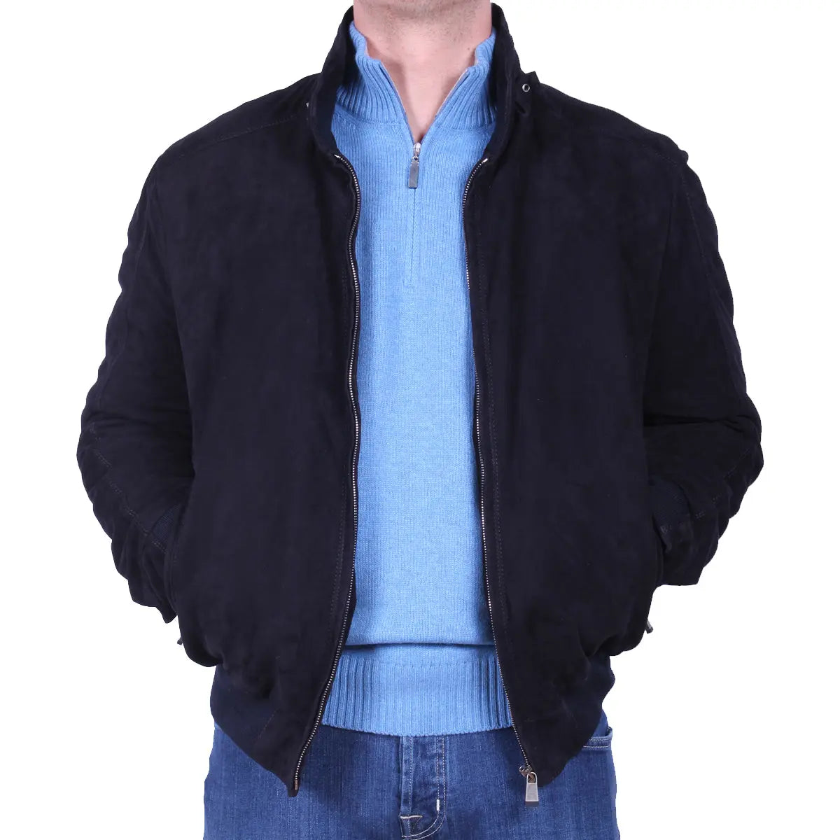 Midnight Blue Calf Suede Bomber Jacket LEATHERS Robert Old