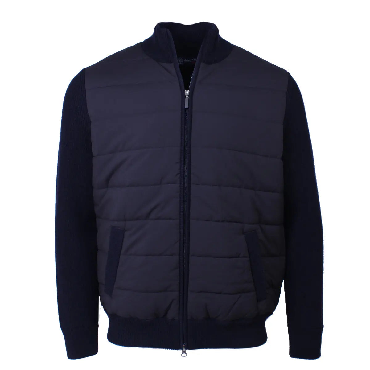 Navy Nylon Panelled Wool Cardigan KNITWEAR Robert Old