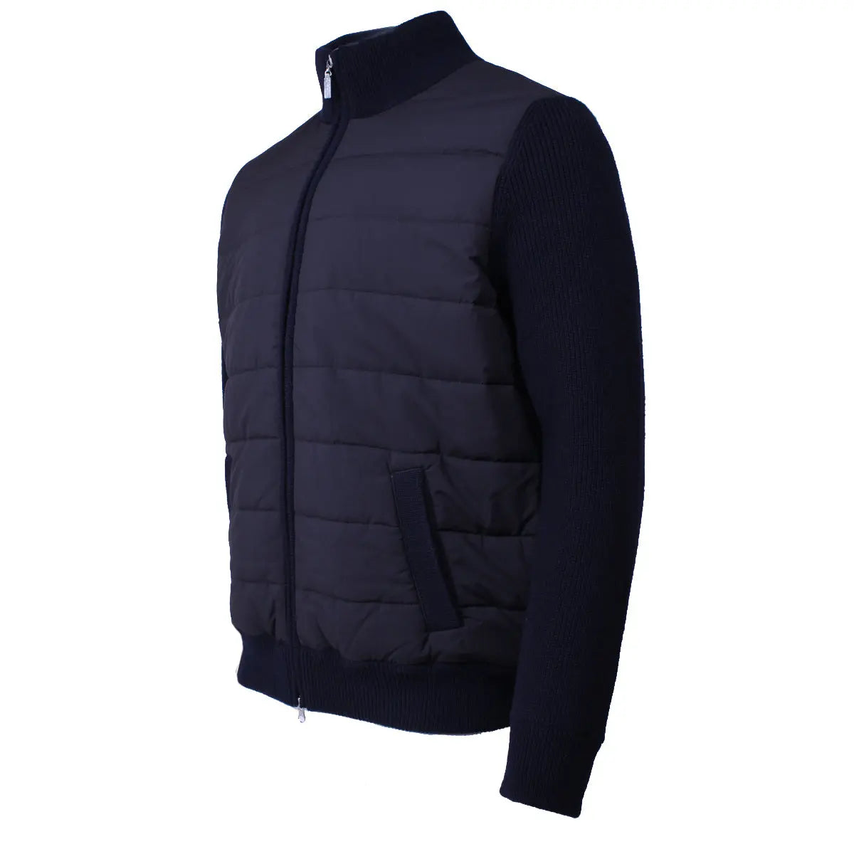 Navy Nylon Panelled Wool Cardigan KNITWEAR Robert Old