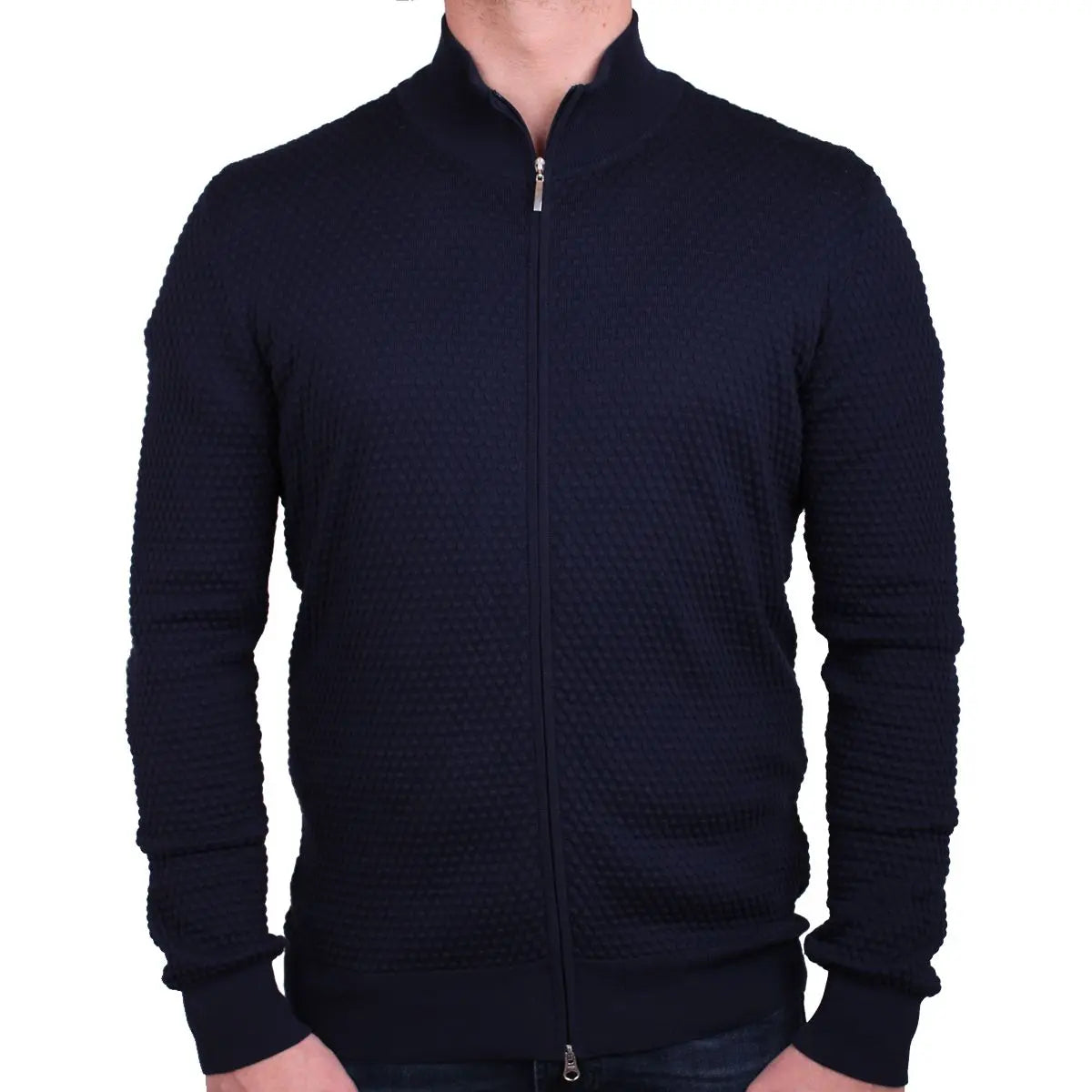 Navy Waffle Knit Full Zip Cardigan KNITWEAR Robert Old