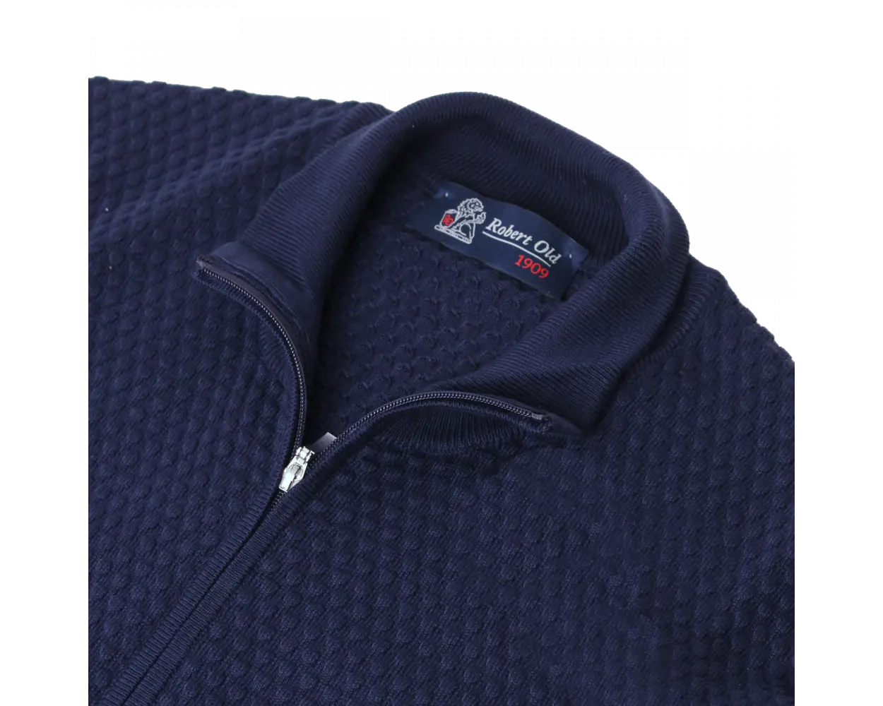 Navy Waffle Knit Full Zip Cardigan KNITWEAR Robert Old