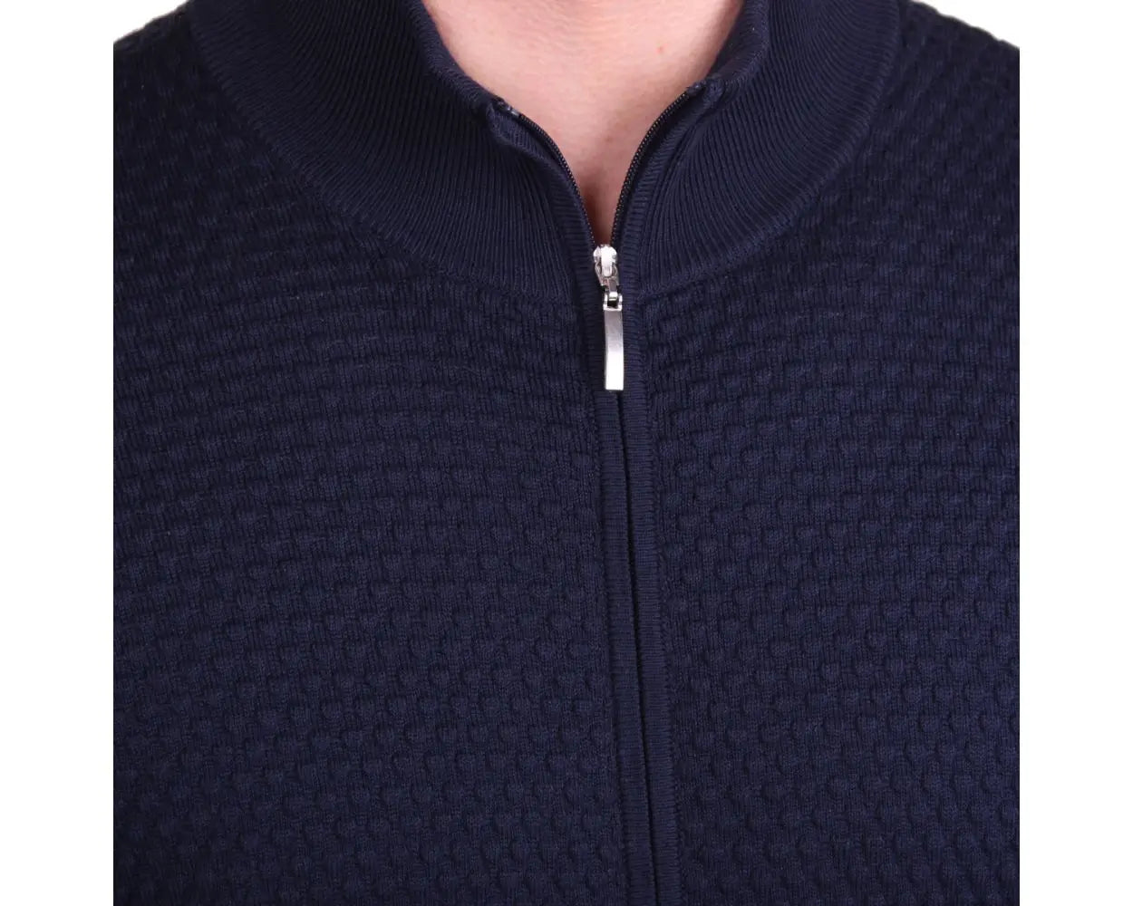 Navy Waffle Knit Full Zip Cardigan KNITWEAR Robert Old