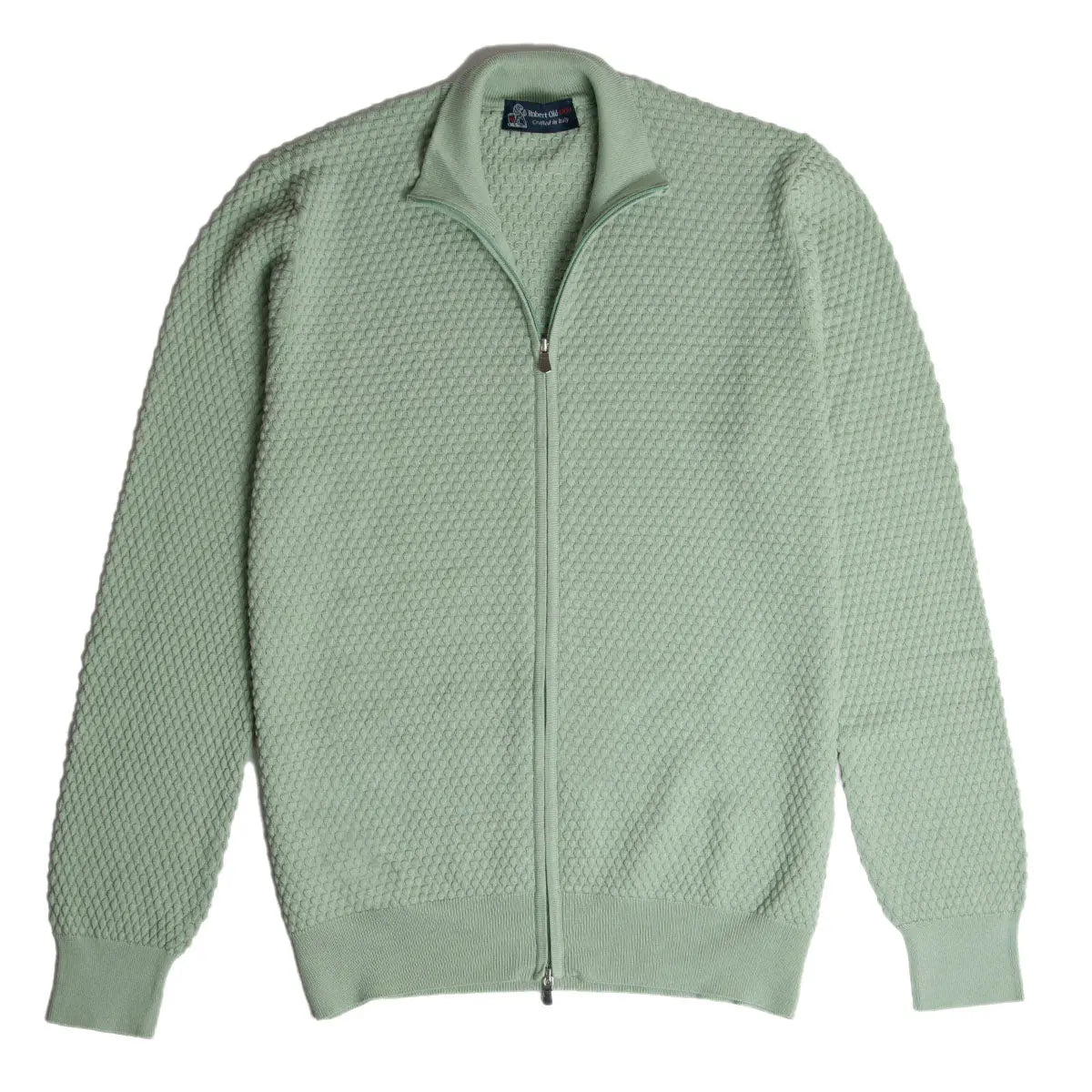 Sage Green Waffle Knit Full Zip Cardigan KNITWEAR Robert Old